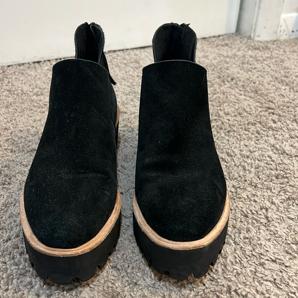 Booties black suede in front and pony hair on the back of the shoe
